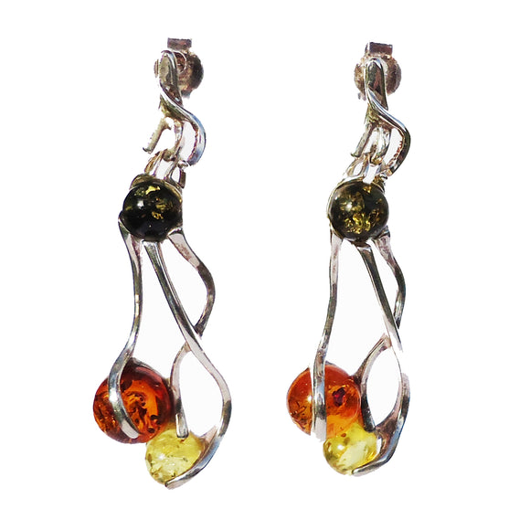Playful sterling silver 925 fittings and round multicolour baltic amber long dangle earrings