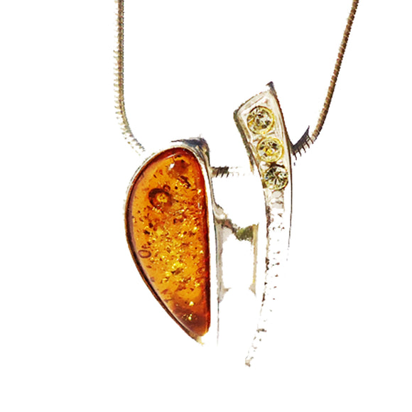 Festive sterling silver 925 and drop cognac baltic amber pendant necklace