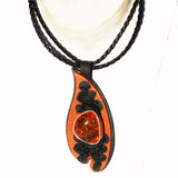 Red Leather & Honey Baltic Amber Necklace - Pendant