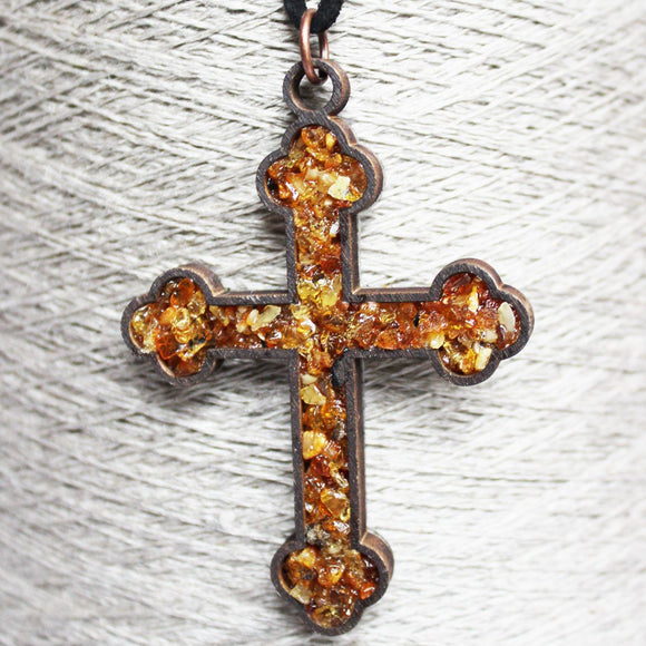 Baltic Amber and Wooden Pendant - Cross