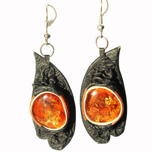 Leather and genuine Baltic Amber Earrings