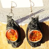 Leather and genuine Baltic Amber Earrings