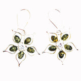 Green Amber and Sterling Silver Flower Earrings