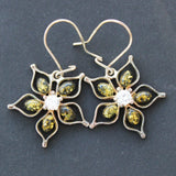 Green Amber and Sterling Silver Flower Earrings