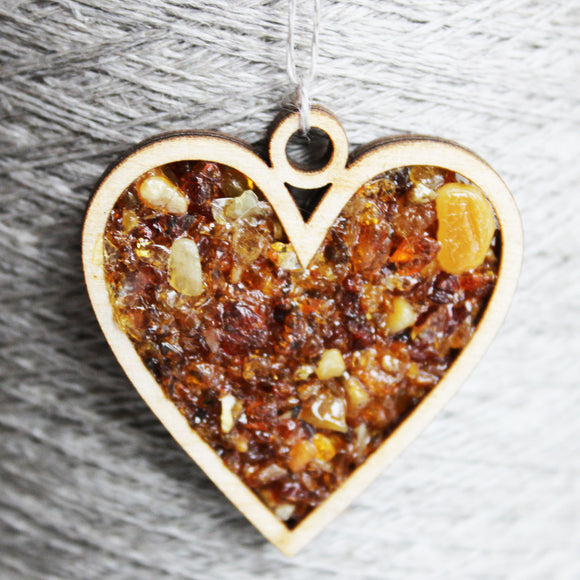 Handmade Amber and Wood pendant / necklace - HEART, could be used as a charm.