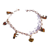 Fancy sterling silver 925 heart chain bracelet and six charming charms with honey baltic amber