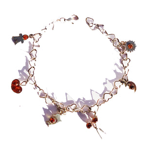 Fancy sterling silver 925 heart chain bracelet and six charming charms with honey baltic amber