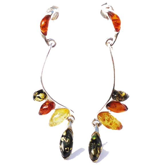 Playful sterling silver 925 fittings and marquese multicolour baltic amber long dangle earrings