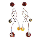 Playful sterling silver 925 fittings and round multicolour baltic amber long dangle earrings