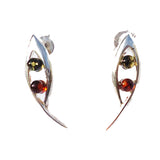 Delicate sterling silver 925 fittings and small round multicolour baltic amber long dangle stud earrings.