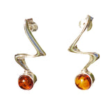 Beautifully simple zigzag sterling silver 925 and round cognac baltic amber earrings