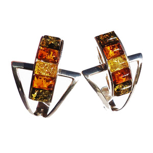 Modern sterling silver 925 fittings and five small square multicolour baltic amber pieces used to make this stunning and unique stud earrings.