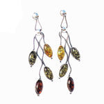 Playful sterling silver 925 fittings and marquese multicolour baltic amber long dangle earrings