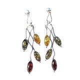 Playful sterling silver 925 fittings and marquese multicolour baltic amber long dangle earrings