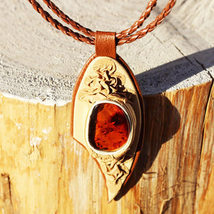 Leather & Red Baltic Amber Necklace - Pendant
