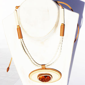 Leather & Oval Baltic Amber Necklace - Pendant