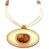 Leather & Oval Baltic Amber Necklace - Pendant