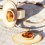 Leather & Oval Baltic Amber Necklace - Pendant