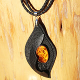Black Leather & Honey Baltic Amber Necklace - Pendant