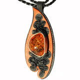 Red Leather & Honey Baltic Amber Necklace - Pendant