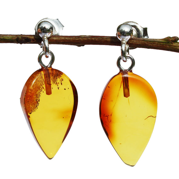 Baltic Amber Dangly Stud Earrings - Leaves