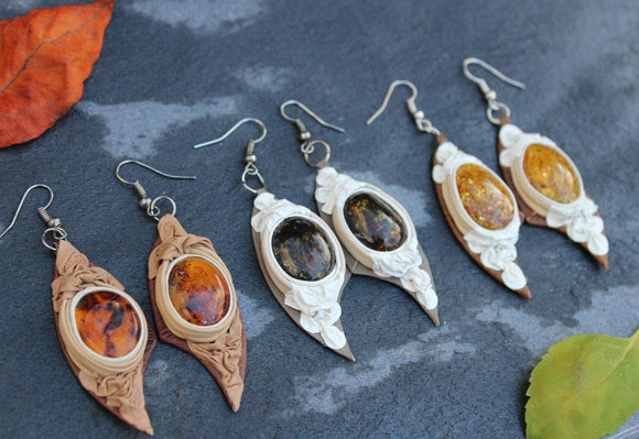 Handcrafted leather and genuine Baltic Amber Earrings. long. one off pieces. gift box. christmas gift, amber jewellery, amber earrings