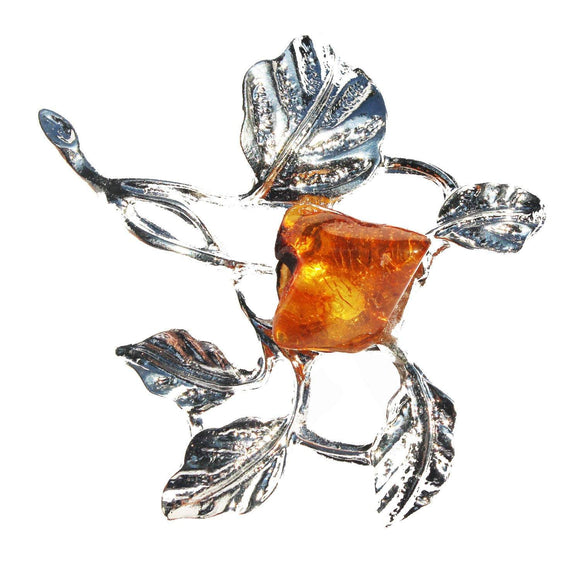 Baltic Amber & Silver Olive Branch Brooch for Women - Touch of