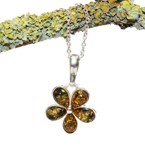 Small Green Amber Silver Pendant Flower , + gorgeous gift box,  silver 925 jewellery, amber pendant, amber jewellery, charm