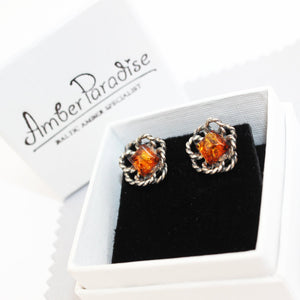 Sterling Silver Honey or Green Baltic Amber Stud Earrings, Pendant - Flowers, + gorgeous gift box,  silver 925 jewellery amber pendant