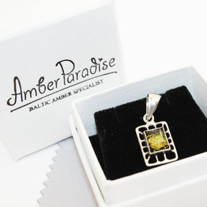 Sterling Silver Honey or Green Baltic Amber Pendant, Make a match with Studs, Dangle Earrings - Magic Squares, + gorgeous gift box jewellery