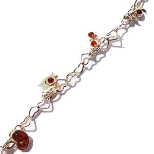 Fancy sterling silver 925 heart chain bracelet and six charming charms with honey baltic amber