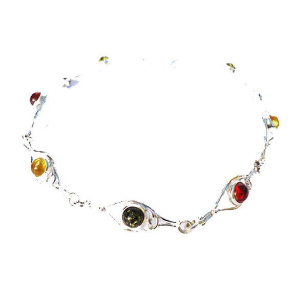 Delicate st. silver 925 fittings and small round multicolour baltic amber bracelet.