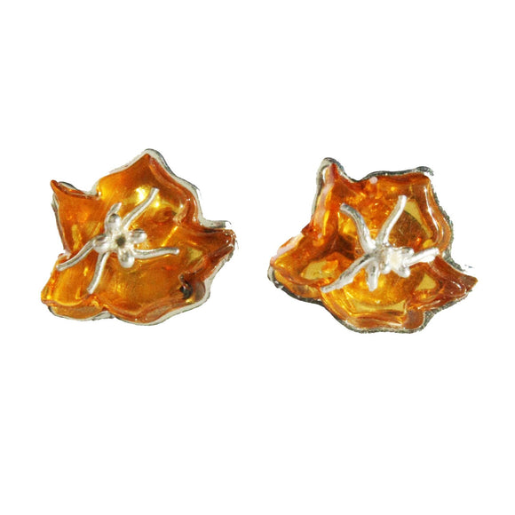 Romantic designer cognac or cherry Amber flower stud earrings consist of sterling silver fittings and flower shaped amber. pendant, ring set