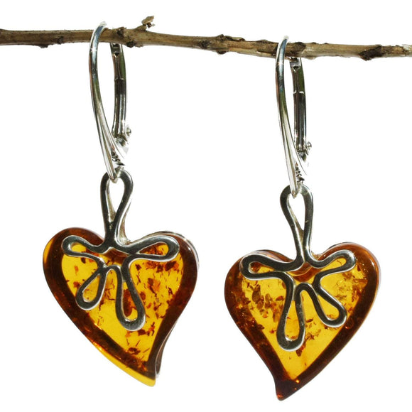 Romantic designer dangle amber earrings 'Love Hearts'crafted from sterling silver 925 and genuine baltic heart-shaped amber, pendant