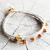 Baltic Amber, Linen & Bee Bead Bracelet or Anklet